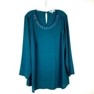 DR2 Jeweled Neckline Blouse Size 1X Dark Green Rhinestones Keyhole Closure